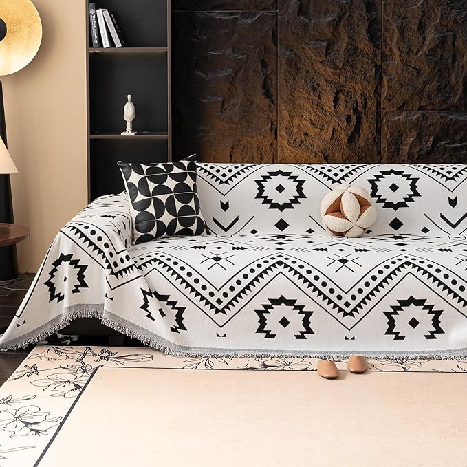 VClife Bohemian Sofa Cover Extra Large Couch Cover for 3-4 Cushion Couch Sofa, Black and White Aztec Geometric Chenille Sofa Slipcover for Home Decor 71" X 150"