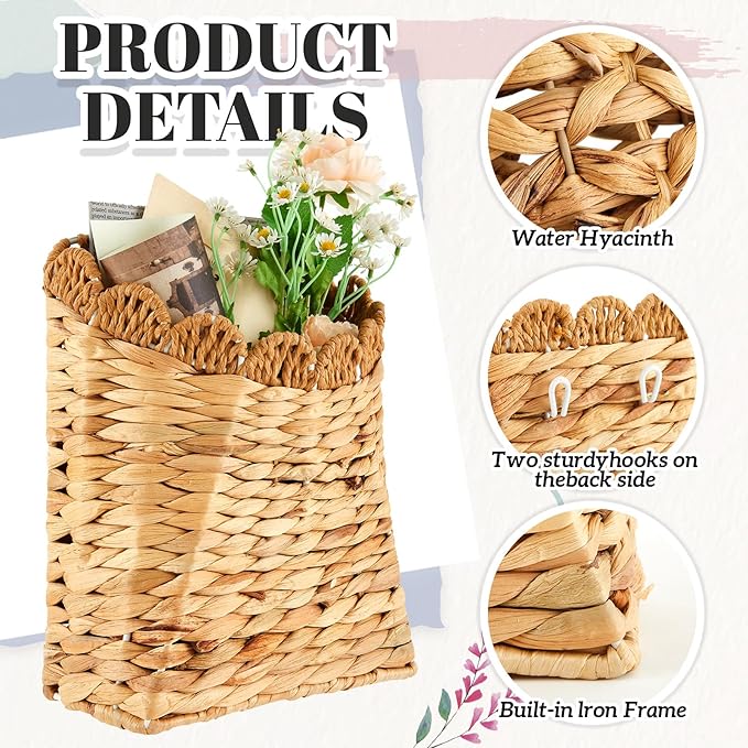 Honeydak Hanging Basket for Front Door 10.2" H Scalloped Water Hyacinth Woven Wall Mounted Organizer Handmade Storage for Flowers, Mails, Small Plants, Farmhouse, Garden, Fall Thanksgiving Decoration