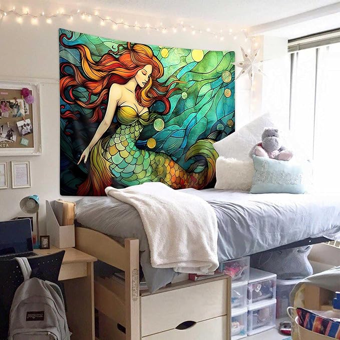 JAWO Mermaid in Shell Mandala Teen Girl Wall Hanging for Bedroom College Dorm, Underwater World Teal Tapestry Home Decor 71x60 Inches