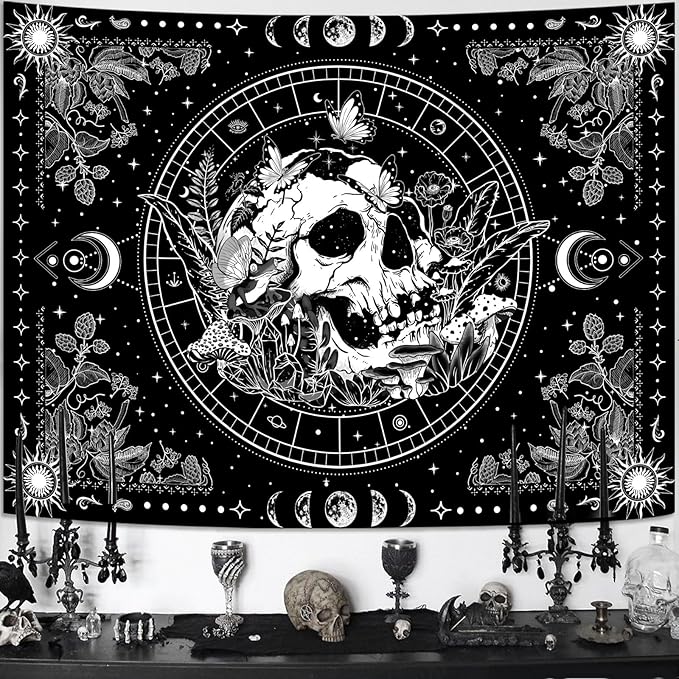 Aipon Black and White Skeleton Tapestry Bedroom Skull Mushroom Tapestries Hippie Nature Plants Floral Flower Aesthetic Tapestry Wall Hanging for Living Room Dorm (Black, 60'' × 44'')