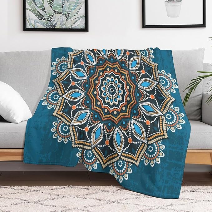 Ornamental Mandala Throw Blanket Indian Hippie Bohemian Art Floral Texture Pattern Blanket for Sofa Bed Couch Chair Or Dorm 50"x60"