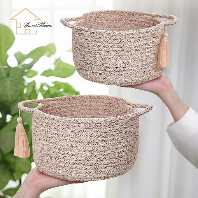Small Gift Basket Empty Set of 2 - Little Cute Woven Rope Organizer Bins for Baby Shower Gifting, Makeup, Bathroom, Desk, Decorative Vanity - Pre-Shaped, Brown