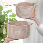 Small Gift Basket Empty Set of 2 - Little Cute Woven Rope Organizer Bins for Baby Shower Gifting, Makeup, Bathroom, Desk, Decorative Vanity - Pre-Shaped, Brown