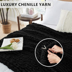 L'AGRATY Chunky Knit Blanket Throw: 72''x84'' Chenille Chunky Knitted Throw Blanket for Bed Couch - Handmade Thick Big Cable Knit Blanket - Large Chunky Crochet Rope Blanket for Home Decor(Black)