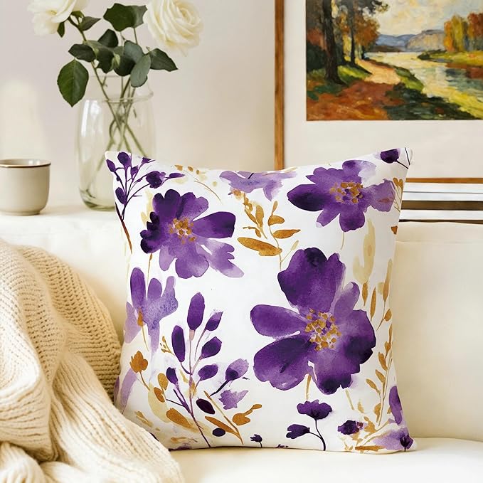 Purple Gold Watercolor Floral Throw Pillow Covers 18x18 Set of 2, Boho Gold Accent Flower Decorative Pillowcases, Spring Easter Farmhouse Cushion Covers for Couch Sofa Bedroom Living Room Home Decor
