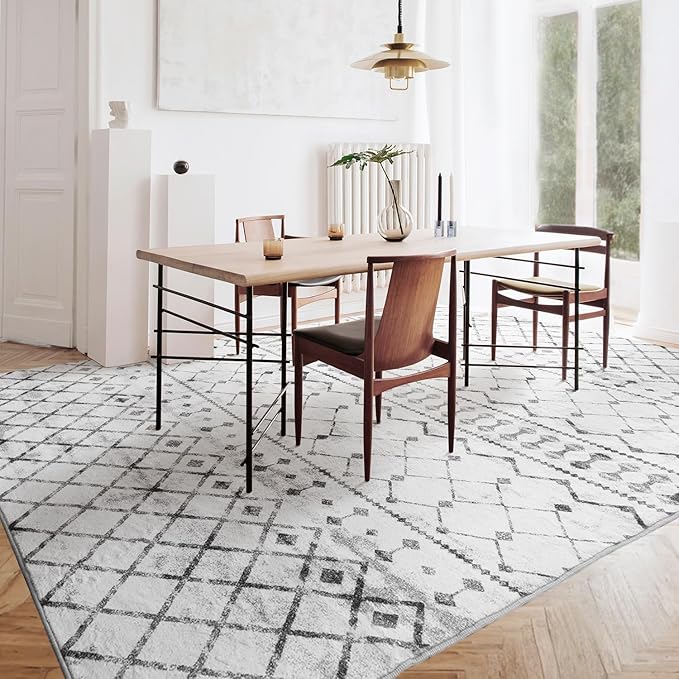 Lessymo 8 x 10 Area Rugs for Living Room, Machine Washable Rugs Neutral Faux Wool Modern Geometric Moroccan Distressed Rug with Non-Slip Rubber, Geometric Grey