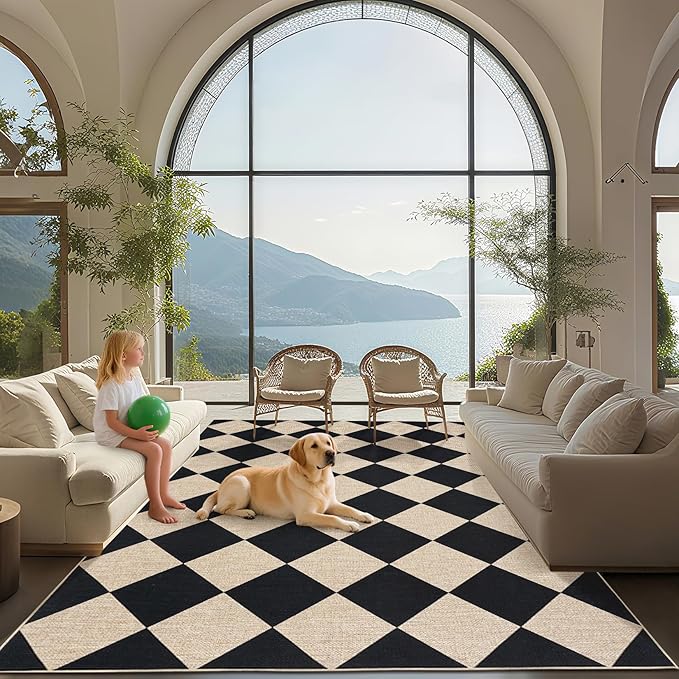 GarveeHome Checkered Easy Jute Area Rug 10x13 Machine Washable Non-Slip Stain Resistant Indoor Outdoor Rugs for Living Room, Bedroom, Kitchen, Dining, Patio Farmhouse Style Black