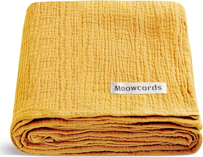 meowcards Muslin Swaddle Blankets for Baby, Unisex Baby Boys Girls Essentials, Large 47 x 47 inches, Boho Receiving Blankets Newborn Registry Must Haves (Mustard Yellow, Simple)