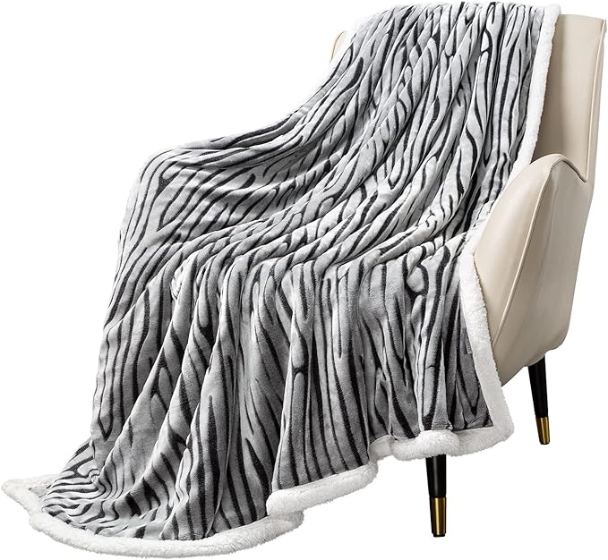 MACEVIA Sherpa Fleece Throw Blanket for Couch 3D Zebra Blanket Fuzzy Thick Warm Reversible Cozy Comfy Super Soft Blanket for Bed Sofa 490GSM - Black Zebra,50x60In