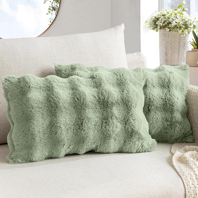 MIULEE Faux Fur Pillow Covers Thick Soft Plush Lumbar Throw Pillows Luxury Spring Home Decor for Couch Bed Bedroom Living Room Sofa,12x20 Inch Pack of 2 Sage Green
