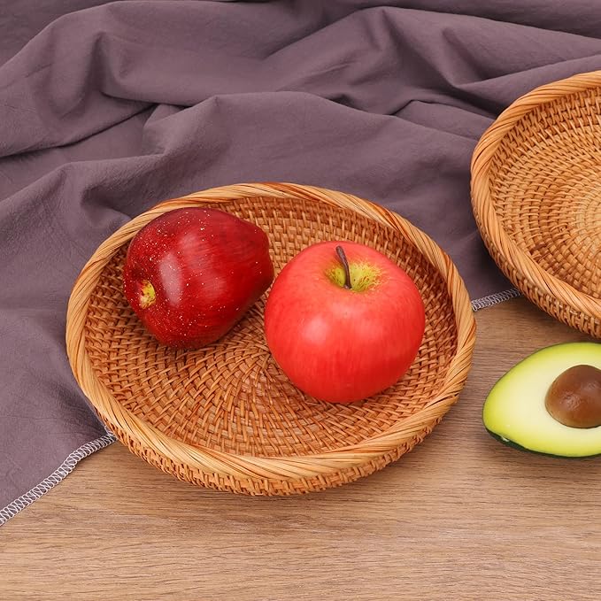 3 Pack Round Rattan Basket Bowl, 8.6 Inch Hand-Woven Rattan Basket for Entryway, Round Wicker Storage Baskets, Suitable for Food Serving, Keys Tray, and Home Decoration