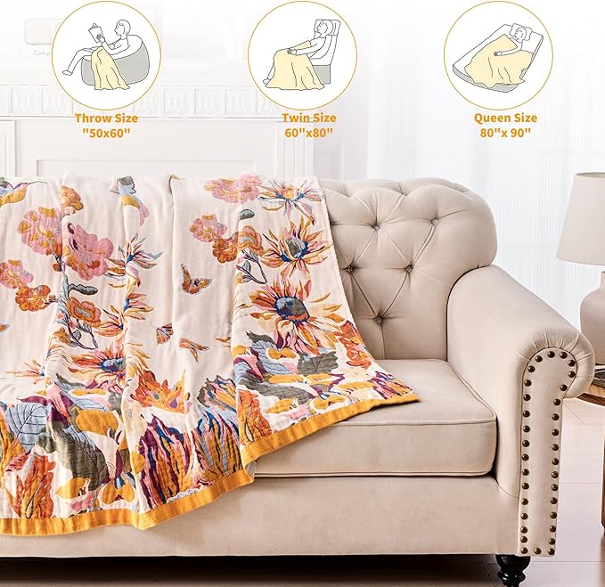 Boho Floral Throw Blanket, 100% Cotton Muslin Ultra Soft Sofa & Couch Cover, Bohemian Home Decor Gauze Quilt (Flower and Butterfly, 80"x90")