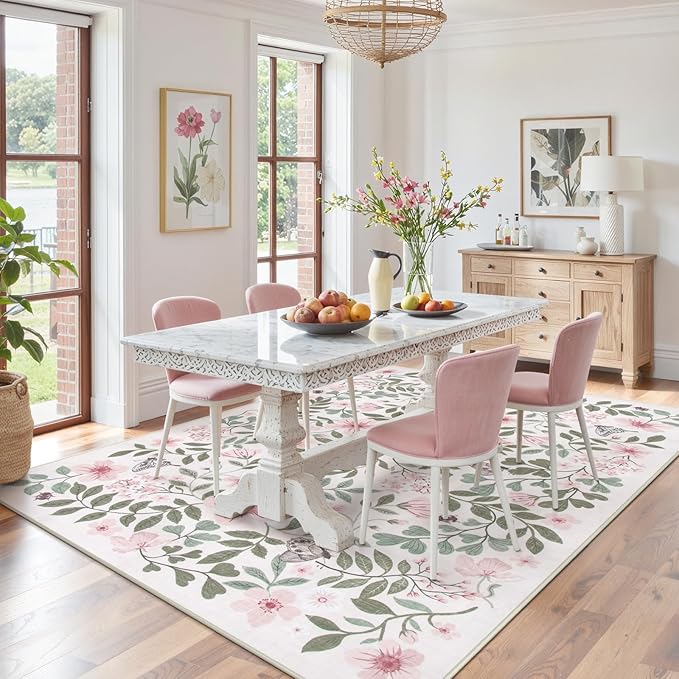 Lahome Reverie 8x10 Pink Floral Rug for Nursery & Girls Room, Washable Carpet for Boho Pink Home Decor, Non-Slip Carpet for Playroom, Toddler Retreat, Apartment Living Space