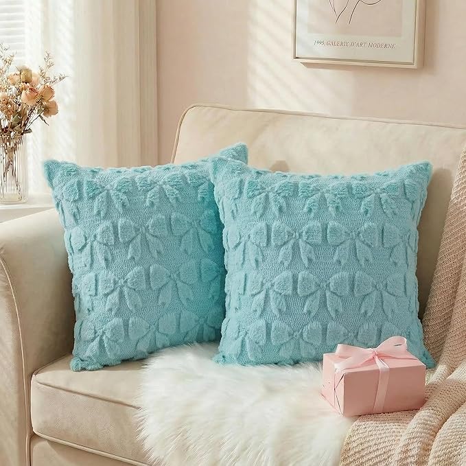 AVOIN colorlife Blue Spring Bow Throw Pillow Covers Set of 2, 16 x 16 Inch Coquette Aesthetic Room Decor Soft Plush Faux Fur Cushion Case for Girls Room