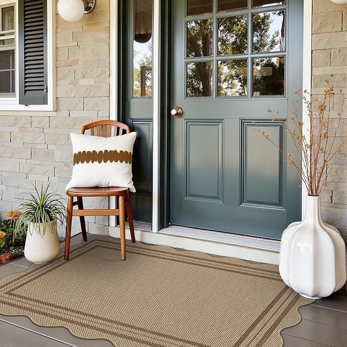 Modern Easy Jute 3x5 Outdoor Patio Rug, Washable Rugs for Entryway Farmhouse Non Slip Indoor Door Mat, Brown Throw Carpet for Entry Backyard Porch Decor