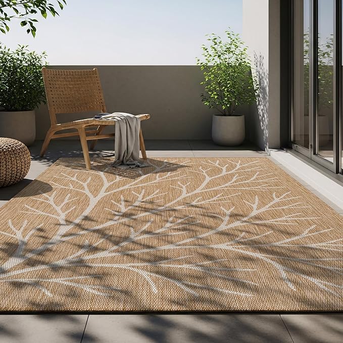 Washable Indoor Outdoor Rug 10x14 Modern Area Rugs Branch Pattern Non Shedding Waterproof Easy Clean Patio Deck Porch Living Room Bedroom Garden RV (10 X 14 Natural)