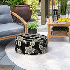 Indoor/Outdoor Inflatable Ottoman with Handle, Decorative Fade-Resistant Round Footstool D21 x H9 inch, Portable Ottoman Pouf for Patio Garden Camping, Elegant Vines Black