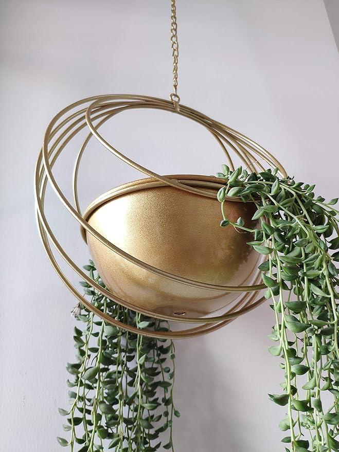 RISEON Boho Gold Metal Plant Hanger,Metal Geometric Hanging Planter, Modern Planter, Mid Century Air Plant Holder Stand, Minimalist Planter for Indoor Outdoor Home Wedding Decor (Gold)