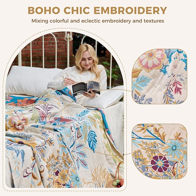 Boho Throw Blanket for Bed Cotton Spring Blankets Twin Size for Bedroom Living Room All Season Lightweight Floral Embroidery Decorative Breathable Quilt for Couch Sofa Chair 60"x80"
