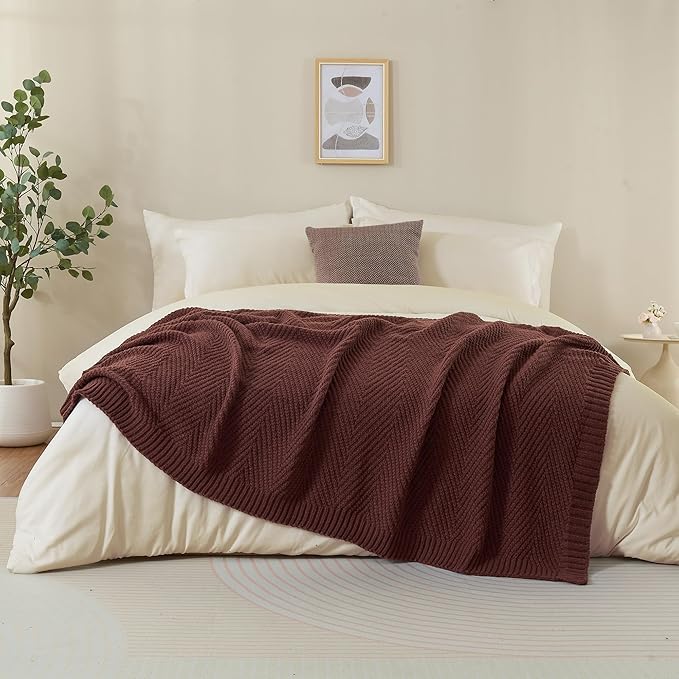 Knitted Throw Blanket 60"X80", Brown Knit Throws for Bed, Super Soft Boho Chevron Blankets for Couch Sofa Chair Room Decor, Textured Decorative Farmhouse Cozy Lightweight