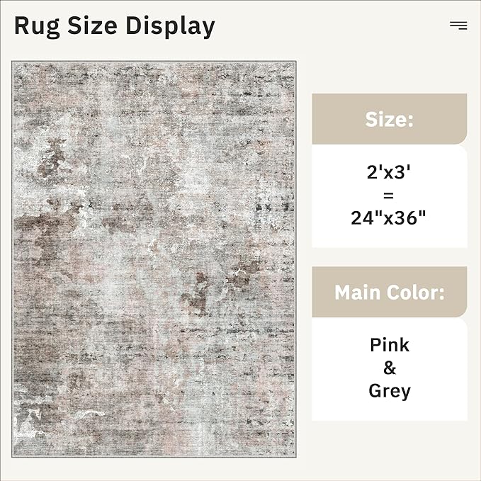 2x3 Abstract Washable Rugs for Kitchen, Floor, Entryway, Powder Room Small Area Rug Non-Slip Vintage Low Pile Throw Door Mat Pink Grey