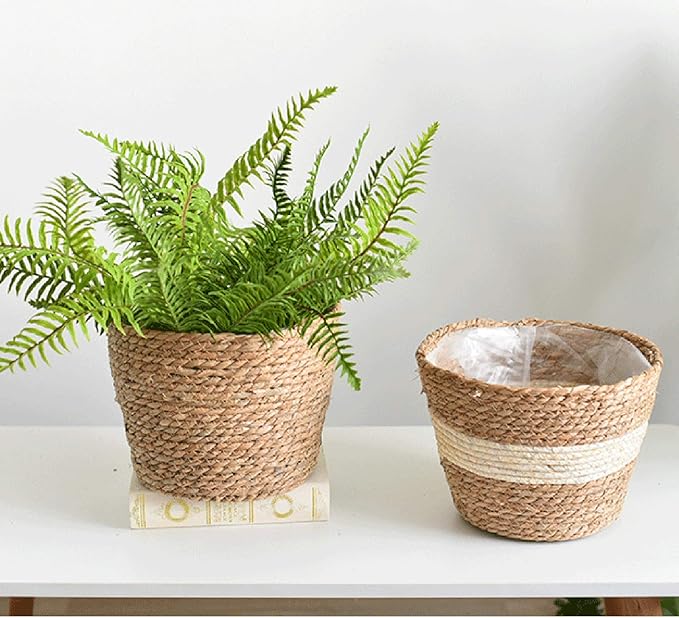 Seagrass Basket Planter, Flower Pot Cover, Storage Basket, Plant Container, Hand Woven, Plastic Liner, Beige, 7 Inch, Indoor/Outdoor