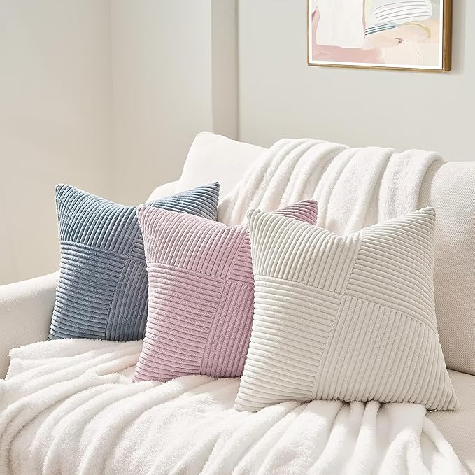 Topfinel 24x24 inches Pillow Covers Set of 2 Cream White Corduroy Decorative Throw Pillow Covers for Sofa Couch Bed, Windmill Textured Striped Patchwork Couch Spring Pillow Case 60x60 cm