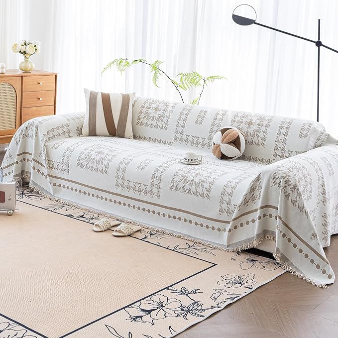 Houndstooth Couch Cover Blanket, Couch Blanket Cover, Boho Couch Cover, Chenille Sofa Covers Washable, Large Couch Covers for 2-3 Cushion Sofa(1pc/Khaki/71×118")