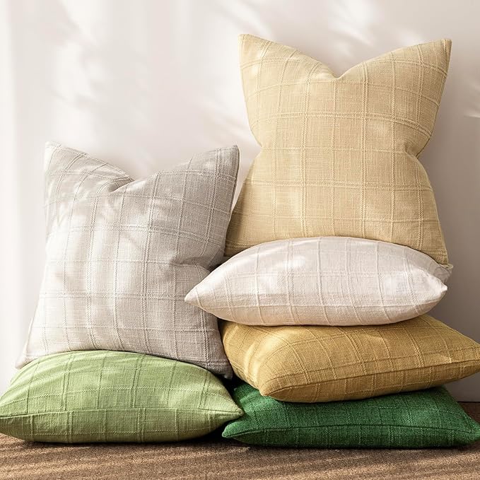 Foindtower Set of 2 Decorative Linen Check Throw Pillow Covers Neutral Farmhouse Vintage Cushion Covers Modern Coastal Boho Home Decor for Sofa Chair Couch Bedroom Living Room,20×20 Inch,Light Grey