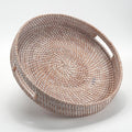 Coffee Table Tray Round Rattan Ottoman Tray Woven Serving Trays with Handles for Home and Kitchen Decorative White (Large 14 inch x 2.4 inch)