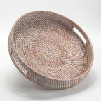 Coffee Table Tray Round Rattan Ottoman Tray Woven Serving Trays with Handles for Home and Kitchen Decorative White (Large 14 inch x 2.4 inch)