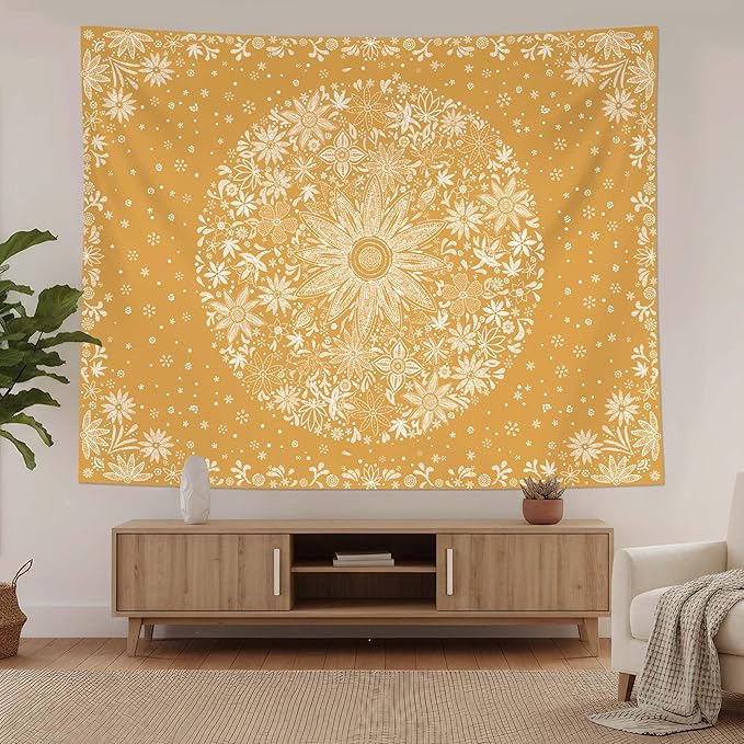 Neasow Bohemian Tapestry Wall Hanging, Orange Floral Tapestry with Dotted Daisy Medallion Print Bedroom Boho Hippie Home Decor, 36x48 inches