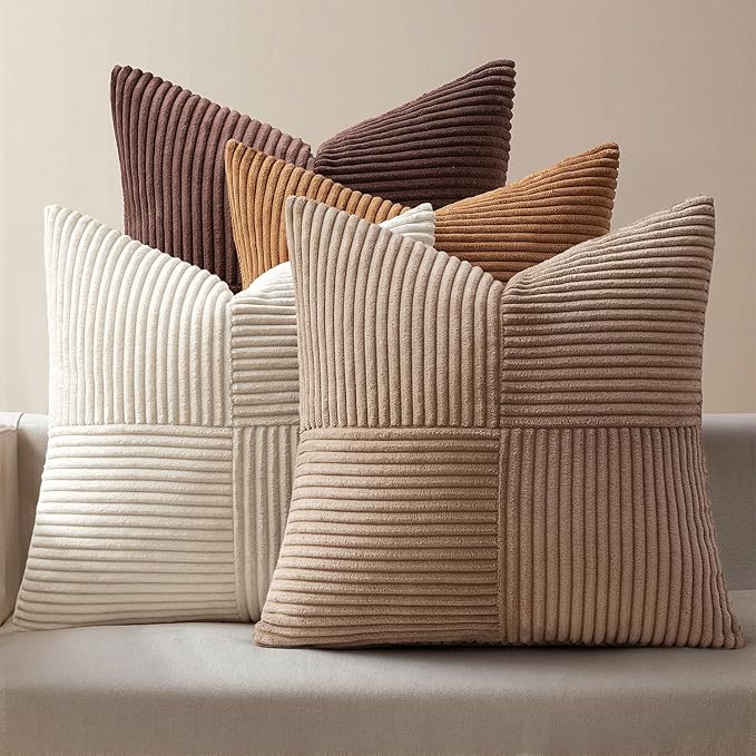 MIULEE Brown Throw Pillow Covers 16x16 Inch Set of 4 Boho Farmhouse Cushion Cases Neutral Gradient Corduroy Pillow Cases with Invisible Zipper Patchwork Home Decor for Couch Sofa Bed