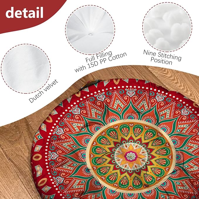 Mandala Meditation Cushion, Boho Meditation Mat, Meditation Pillows for Sitting on Floor, Cushions for Sitting in Home and Outdoor, Round Floor Pillows Cushion Seating for Yoga Accessories 22'' X 22''
