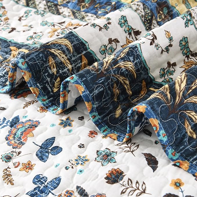 HORIMOTE HOME Boho Style Queen Quilt Set Yellow Bohemian Floral Strip Quilt Beddding Set, Soft and Lightweight Bedspread for All Season, Full Size Bed Coverlet with 2 Matching Pillow Shams (3 Pieces)