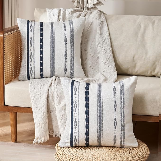 Chenille Boho Pillow Covers 18x18 Inch Decorative Throw Pillow Covers Striped Square Pillowcase Covers Modern Farmhouse Home Decor Pillow Protectors with Zipper Standard Size, Set of 2