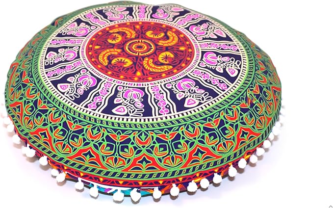 CRAFT KALA Large Round Bohemian Floor Pillow Pouf Cover Mandala Meditation Room Pillow Cover for Adults Boho Seating Poufs Cushion Cover for Kids Playroom Multi 6 Color 32" Round