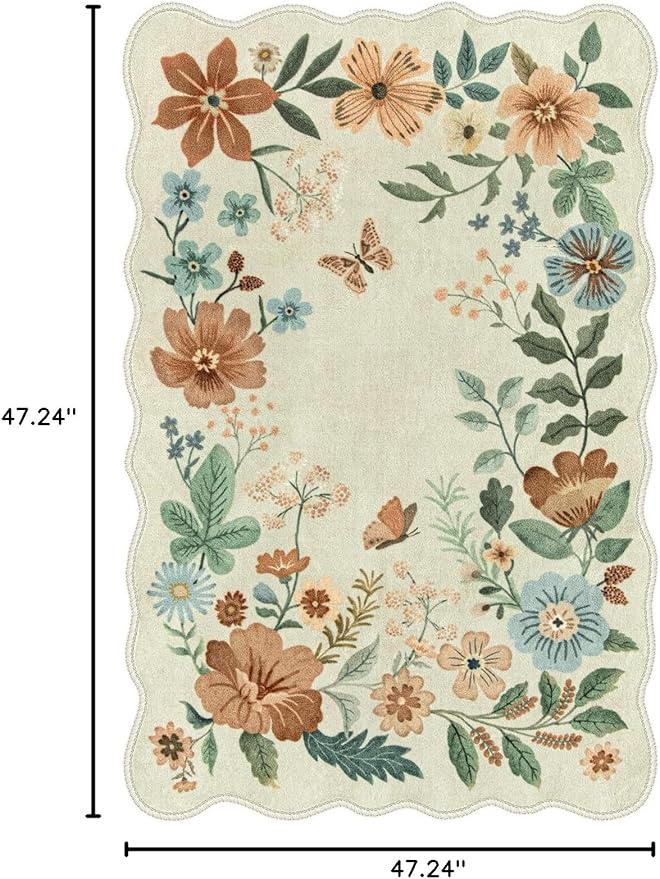 Lahome Floral Bedroom Rug,4x6 Washable Area Rugs for Living Room Dining Room, Non Slip Ultra-Thin Stain Resistant Boho Throw Carpet for ‎Office Flore (4x6ft,Beige)