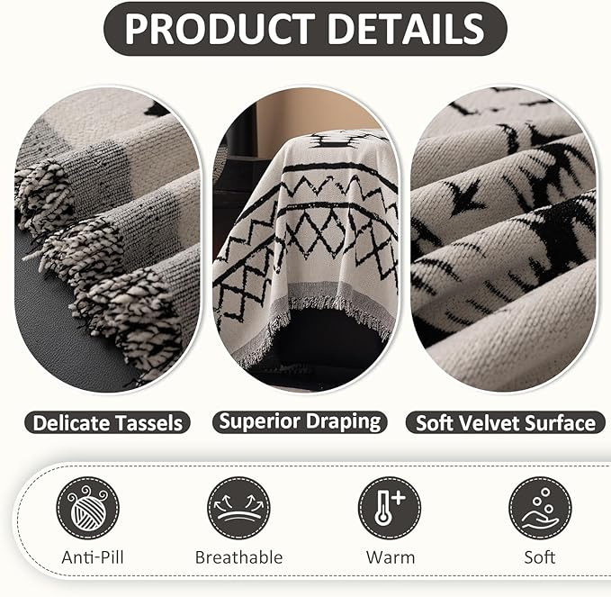 VClife Boho Aztec Couch Cover Retro Couch Cover for 3 Cushion Couch Sofa, Western White Slipcover Cover with Black Tribal Pattern, Soft Thick Chenille Furniture Sofa Covers wit Tassel, White, 71"X134"