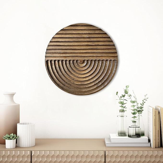 Musanpou Hand-carved Wood Wall Decor featuring Artistic Round Design for Farmhouse and Country-style Interiors | Wall Art Decoration | 11.8 inches x 11.8 inches (brown)