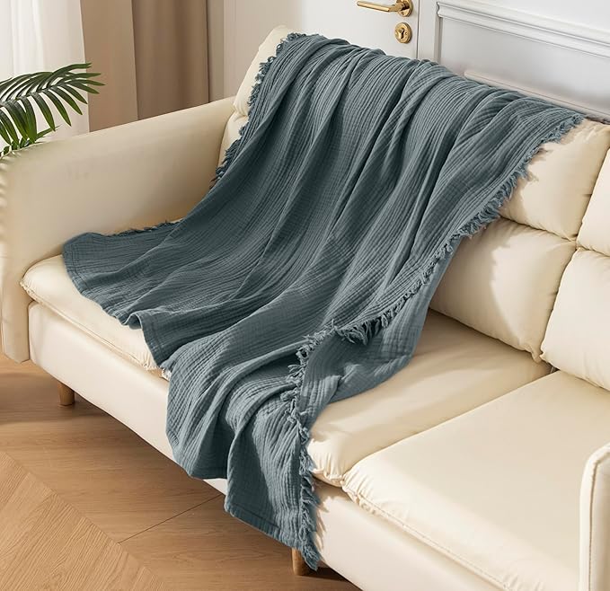 KyraHome Muslin Blankets for Adults, Kid,100% Organic Cotton Blanket Plant Dyed, Breathable Lightweight Gauze Throw Blanket for Couch, All Season (Slate Blue)