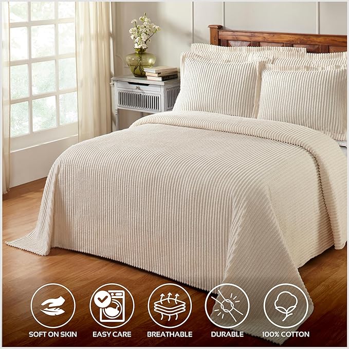 Better Trends Chenille Bedspreads Full/Double Size, Ivory 100% Cotton Chenille Stripe Design Tufted Bedding Coverlet Soft Lightweight, 81"x110" 1 Pieces Jullian Collection