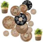 Xuhal 15 Pcs Boho Wall Basket Decor Handcrafted Seagrass Woven Wall Basket Rustic Round Woven Hanging Art for Home Farmhouse Kitchen Table Living Room (Dark Colors Style)