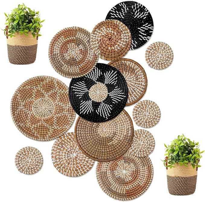 Xuhal 15 Pcs Boho Wall Basket Decor Handcrafted Seagrass Woven Wall Basket Rustic Round Woven Hanging Art for Home Farmhouse Kitchen Table Living Room (Dark Colors Style)
