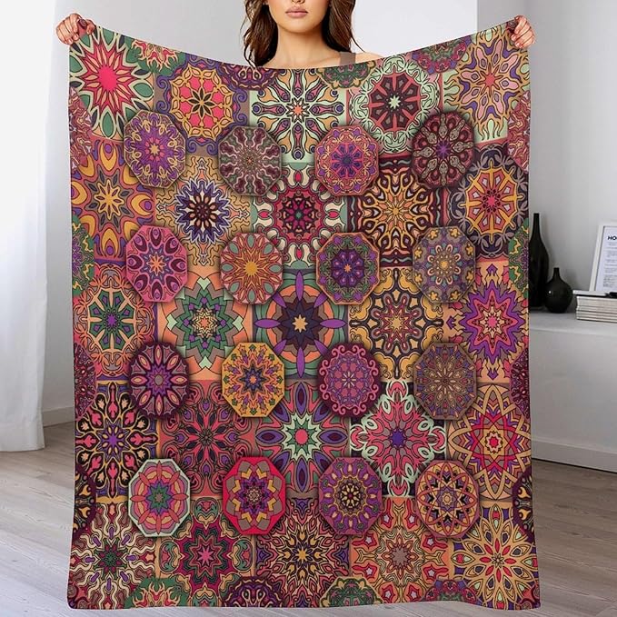 Mandala Indian Bohemian Throw Blanket Paisley Purple Floral Boho Abstract Tribal Blanket for Sofa Bed Couch Chair Or Dorm 50"x60"