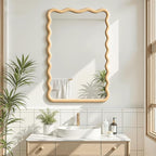 Wavy Mirror for Wall, 30"x20" Boho Bathroom Floor Vanity Mirror with Wooden Frame, for Bedroom, Living Room, Entryway, Farmhouse