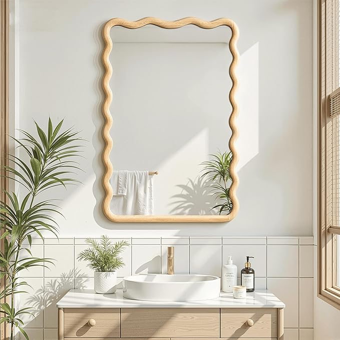 Wavy Mirror for Wall, 30"x20" Boho Bathroom Floor Vanity Mirror with Wooden Frame, for Bedroom, Living Room, Entryway, Farmhouse