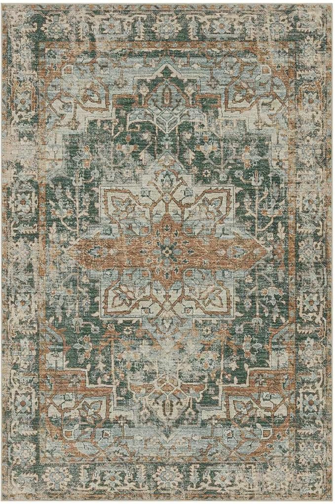 9x12 Area Rug for Living Room Bedroom, Extra Large Washable Rug, Green Vintage Retro Boho Rug, Non Slip & Low Pile Faux Wool Carpet for Indoor Dining Room and Kids Room(Green/Brown 9x12ft)