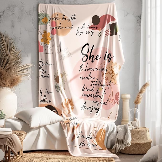 Boho Inspirational Blanket, Inspirational Gifts for Women, Birthday Gifts for Women Sister Grandma, She is Motivational Positive Throw Blankets for Girly Room Bedroom Home Decor, 50x60 in