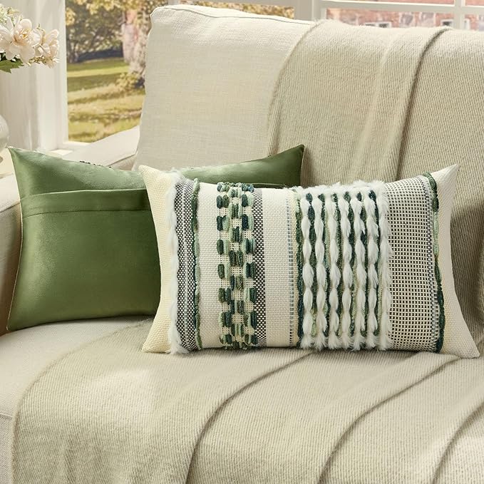 FUTEI Green Accent Throw Pillow Covers Set of 2, 12x20 Inch Plush Tufted Striped Textured Decorative Pillow Cases for Farmhouse Boho Couch Decor